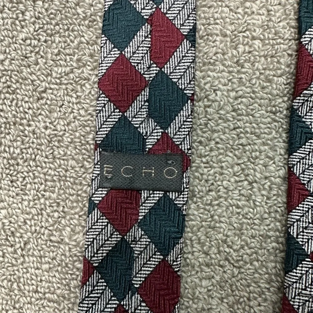 Echo Mens Silk Tie Burgundy Green Silver Harlequin Diamond Herringbone Vintage